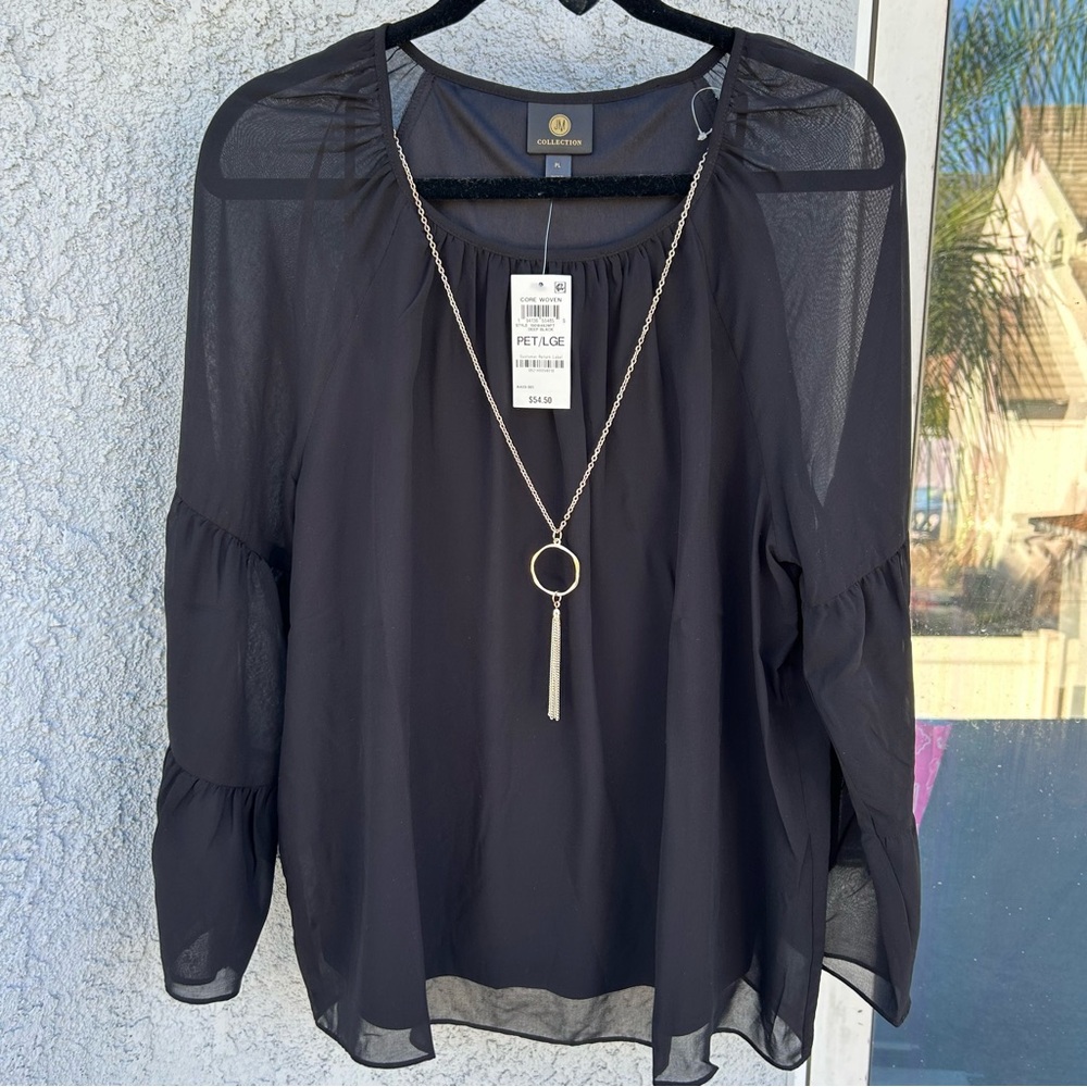 JM Collection Black Sheer Blouse with Necklace